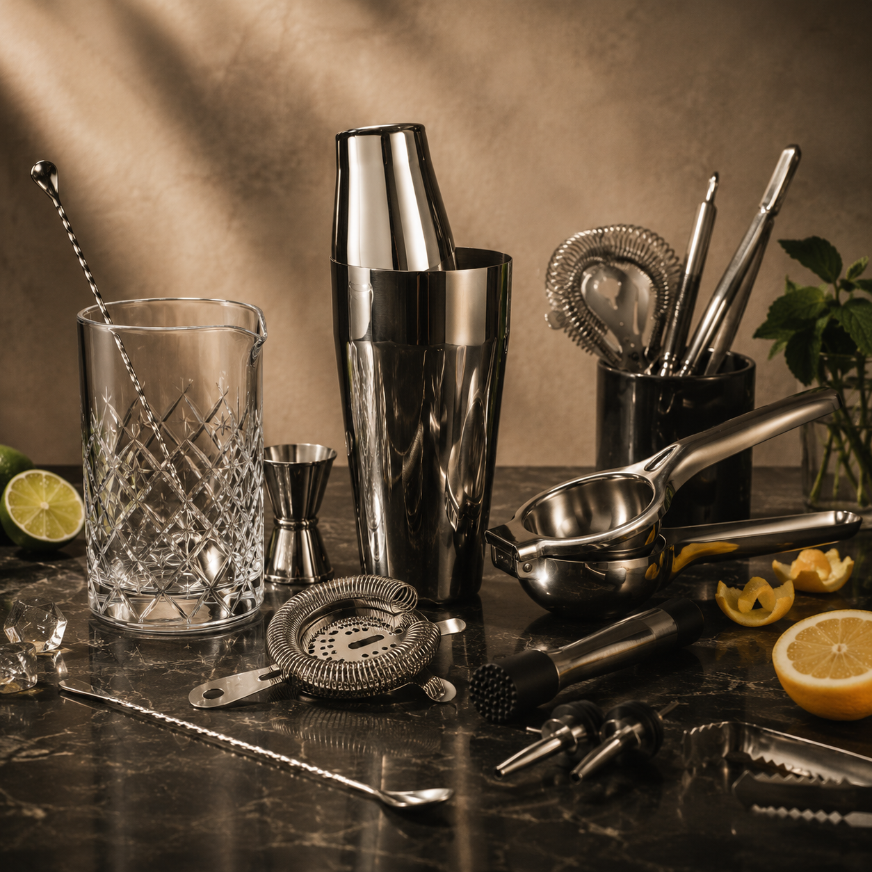 Accessoires à cocktail en inox : shaker, doseur et passoire