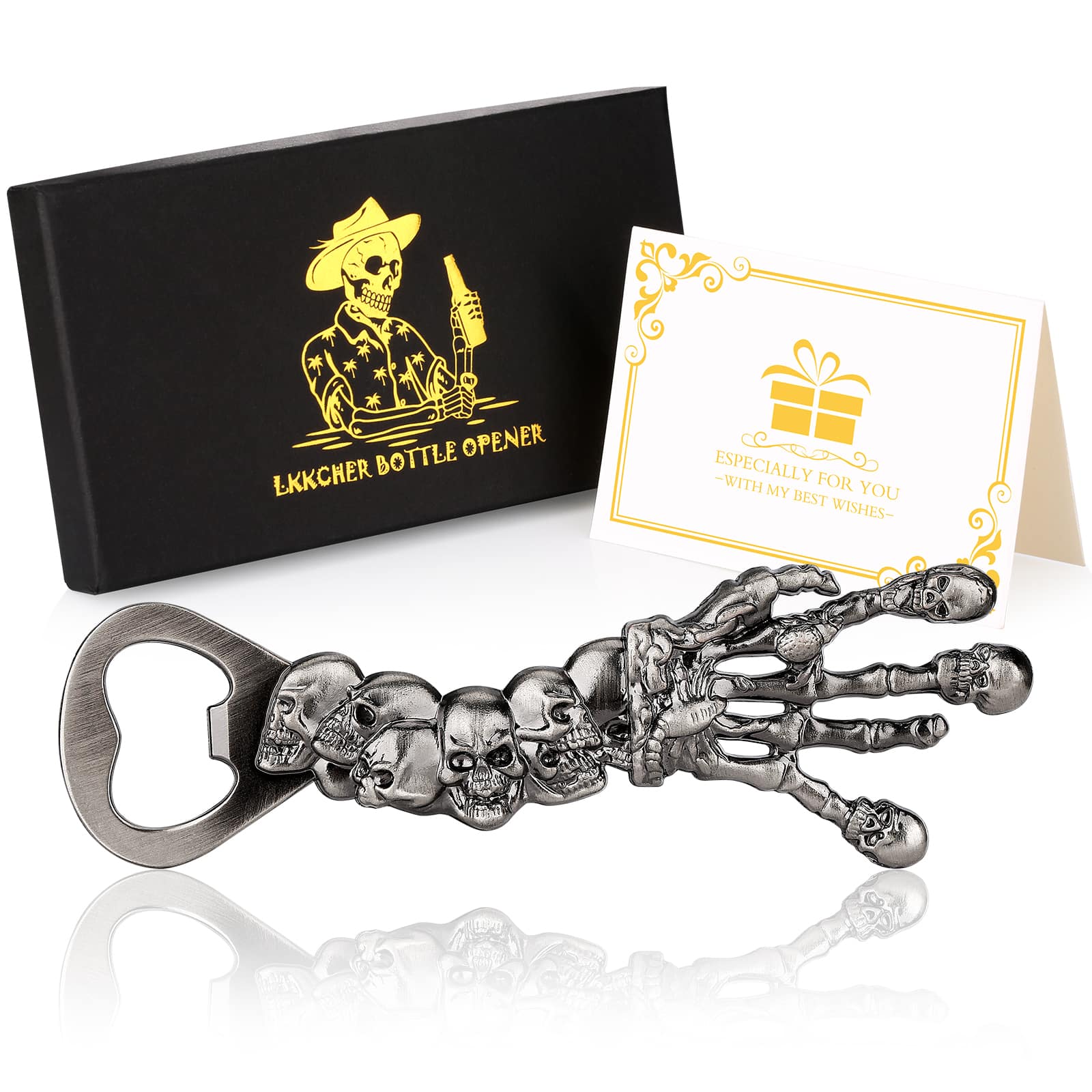 Décapsuleur Main Squelettique argenté en main de squelette à crânes, dans son coffret noir avec carte cadeau