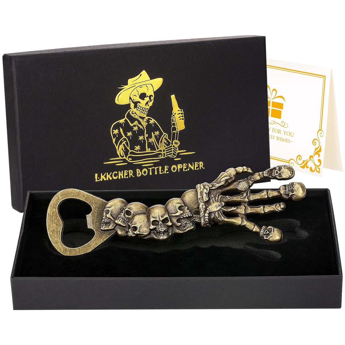 Décapsuleur Main Squelettique bronze en main de squelette à crânes, présenté dans un coffret noir cadeau