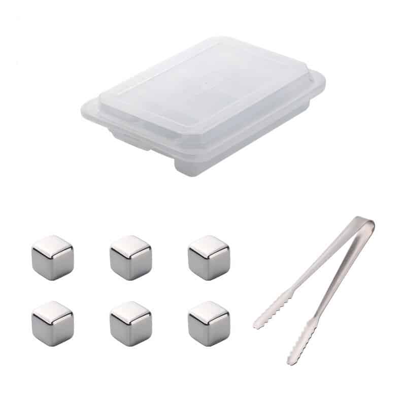 Six glaçons pierre whisky en cubes métal argentés avec pince assortie et boîte de rangement transparente