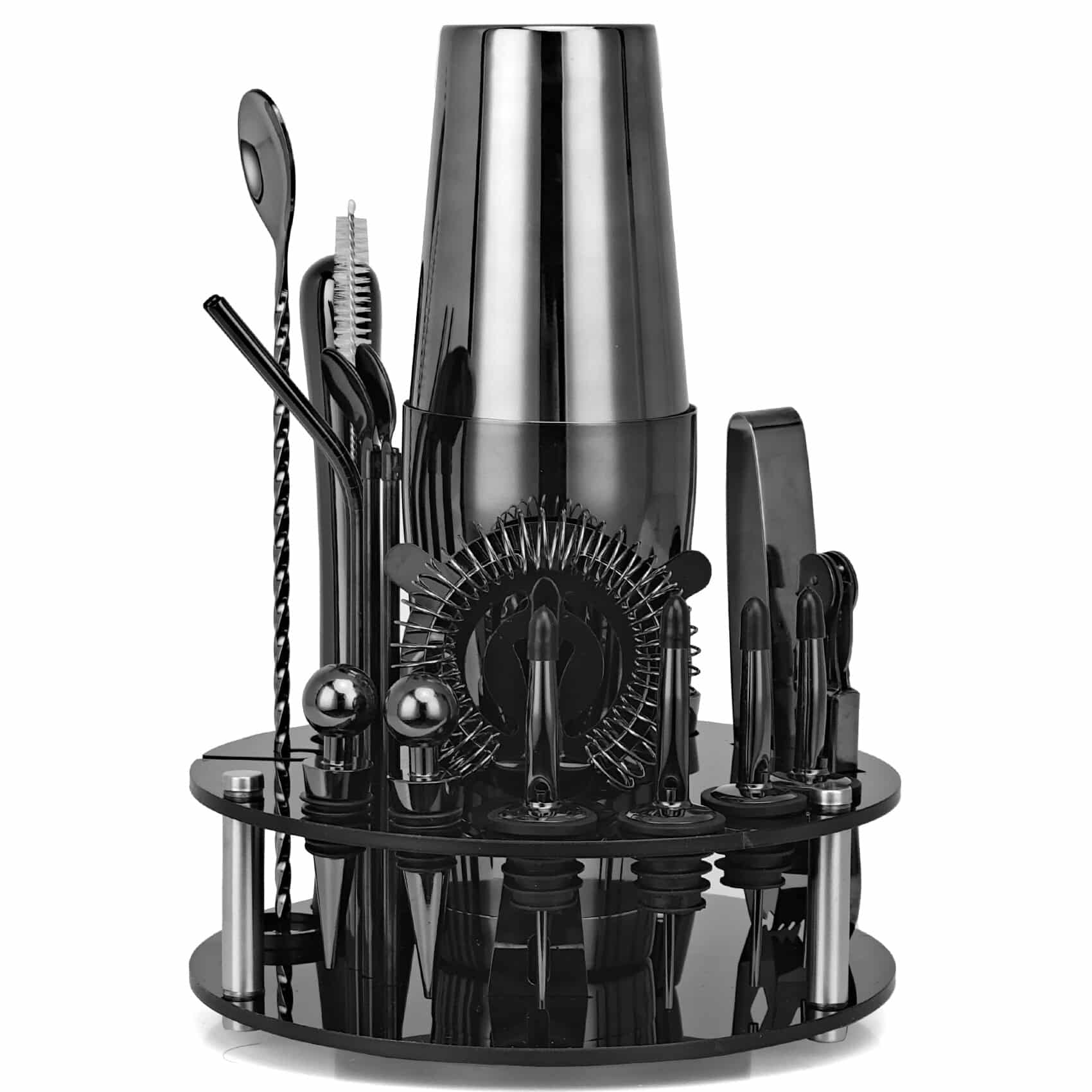 Kit cocktail noir effet chrome avec shaker Boston, passoire et becs verseurs, présenté sur son support acrylique rond