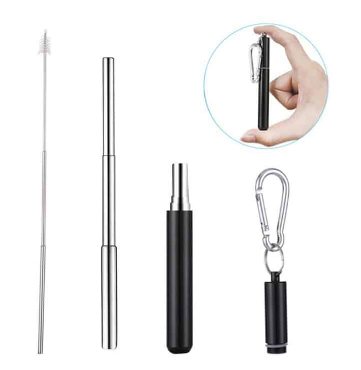 Kit paille inox rétractable noir avec goupillon, paille télescopique déployée et étui à mousqueton