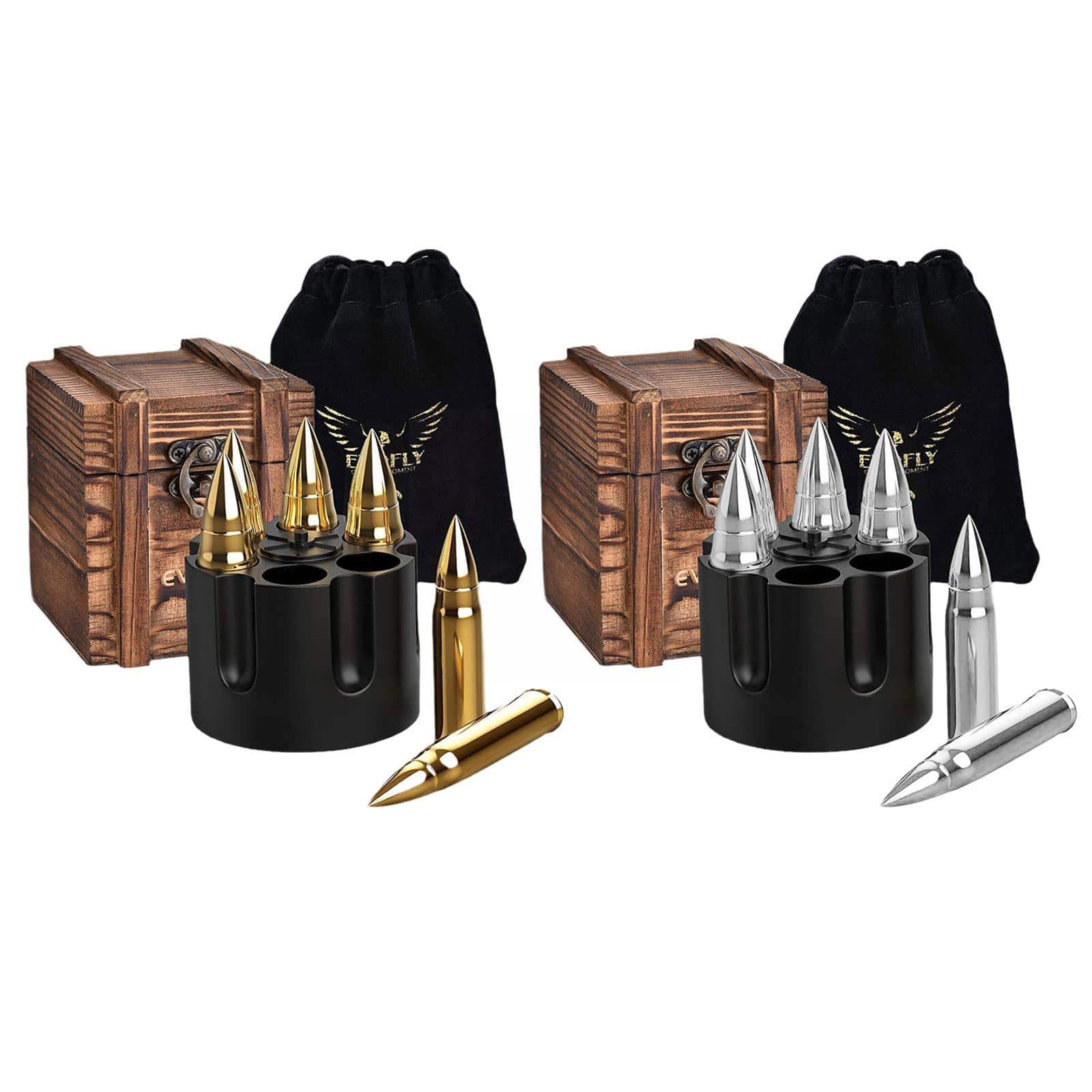 Coffrets pierre à whisky balle en bois avec munitions dorées et argentées, socles noirs et pochons velours