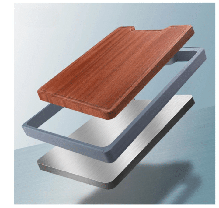 Vue éclatée d'une planche composite : dessus en bois, cadre en silicone gris et base en acier inoxydable