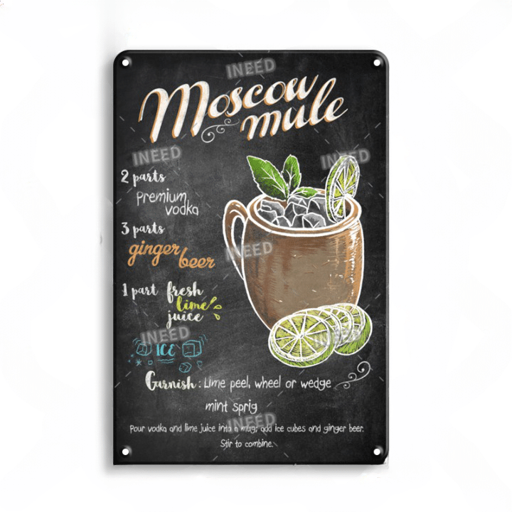 Plaque déco Moscow Mule, ardoise noire, chope cuivrée, menthe, citron vert et recette à la craie blanche