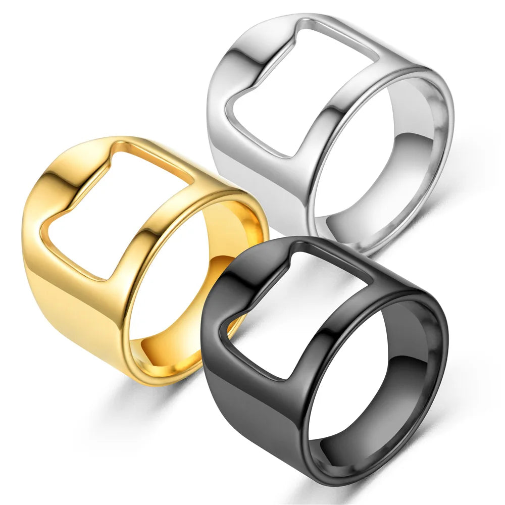 Bague Décapsuleur en acier en trois coloris or, argent et noir, présentées ensemble sur fond blanc