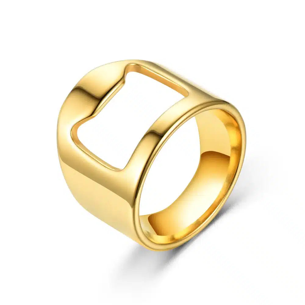 Bague Décapsuleur dorée en acier inoxydable à encoche décapsuleur, présentée seule sur fond blanc