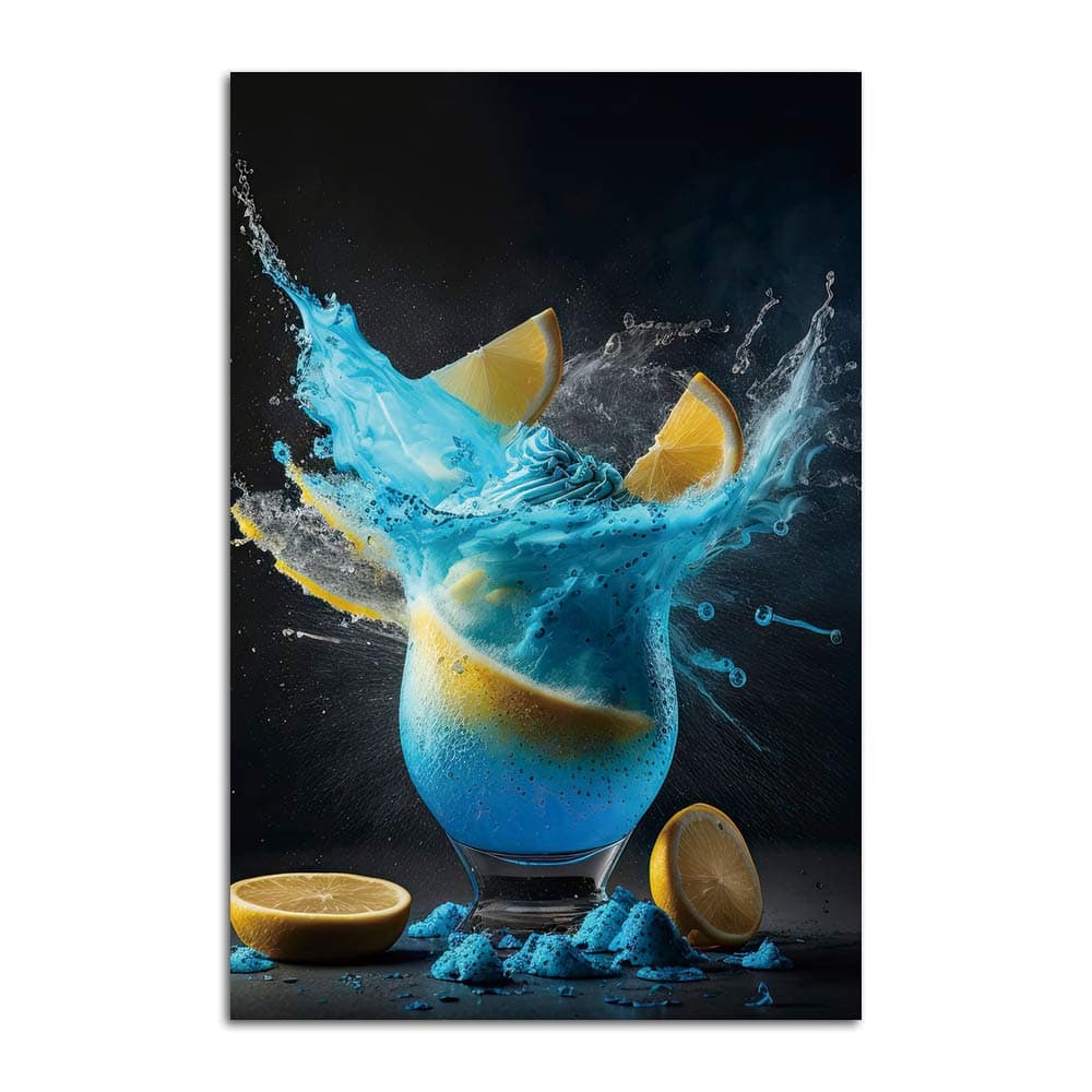 Tableau Cocktail Blue Lagoon, cocktail bleu électrique en pleine explosion avec tranches de citron, fond noir
