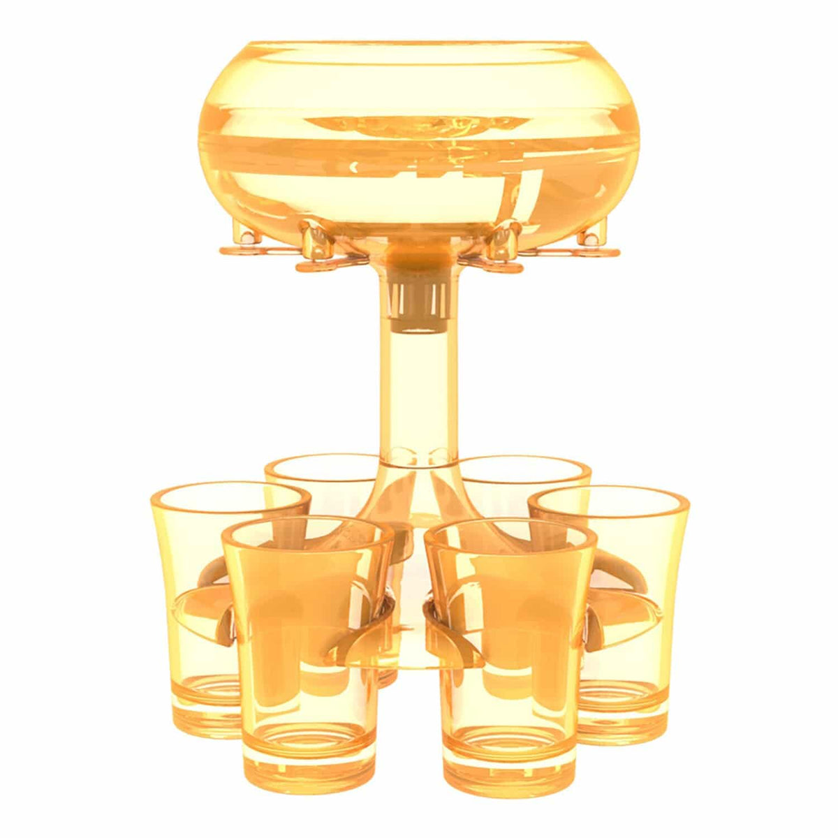 Verre Shooter Original jaune, distributeur sur pied avec ses 6 verres shooters assortis, fond blanc