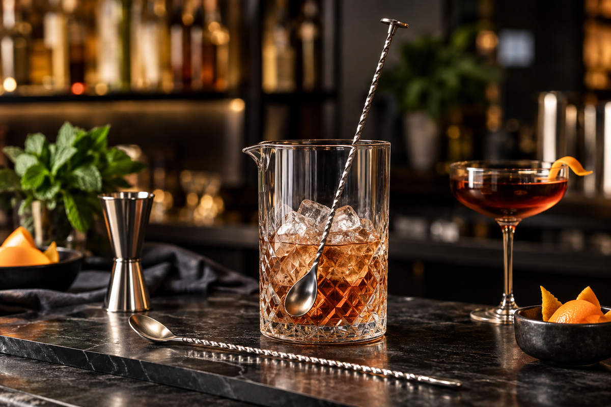 Cuillère de bar torsadée dans un verre à mélange avec glaçons et cocktail, ambiance de bar élégante