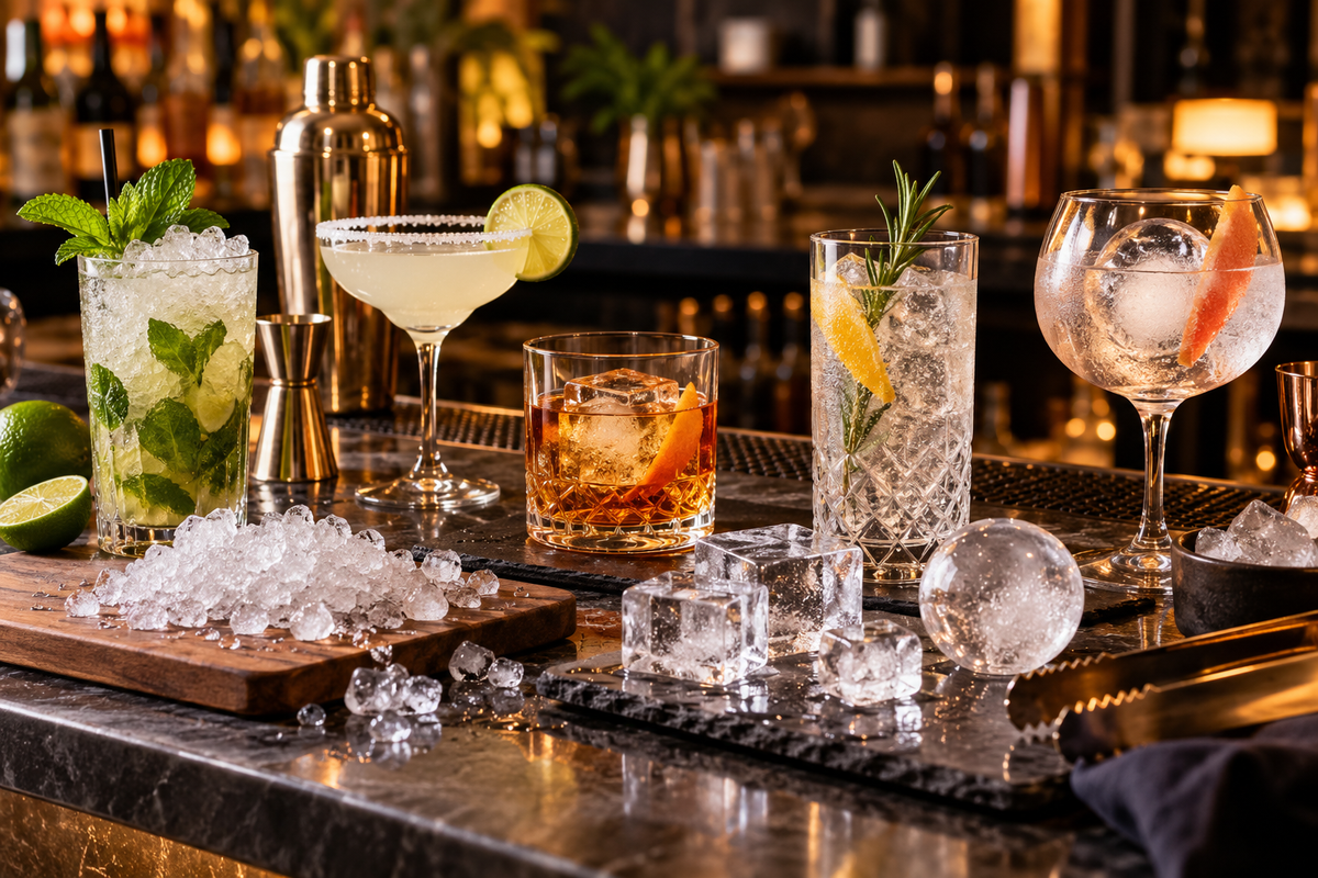 Différents types de glaçons présentés avec des cocktails sur un comptoir de bar élégant