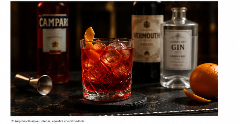 Negroni classique servi sur glace avec zeste d’orange