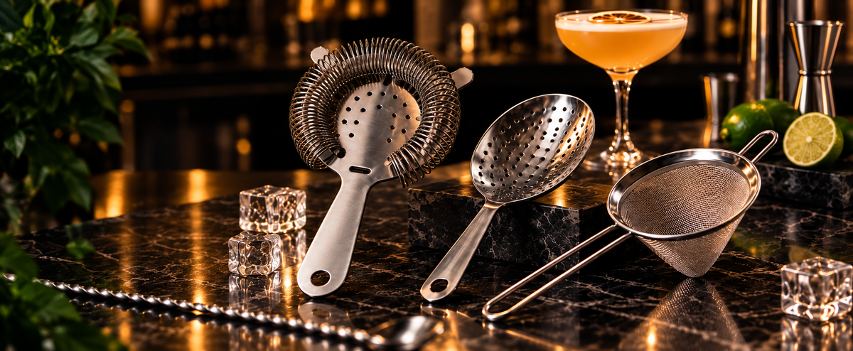 Trois passoires à cocktail Hawthorne, Julep et passoire fine dans un bar élégant