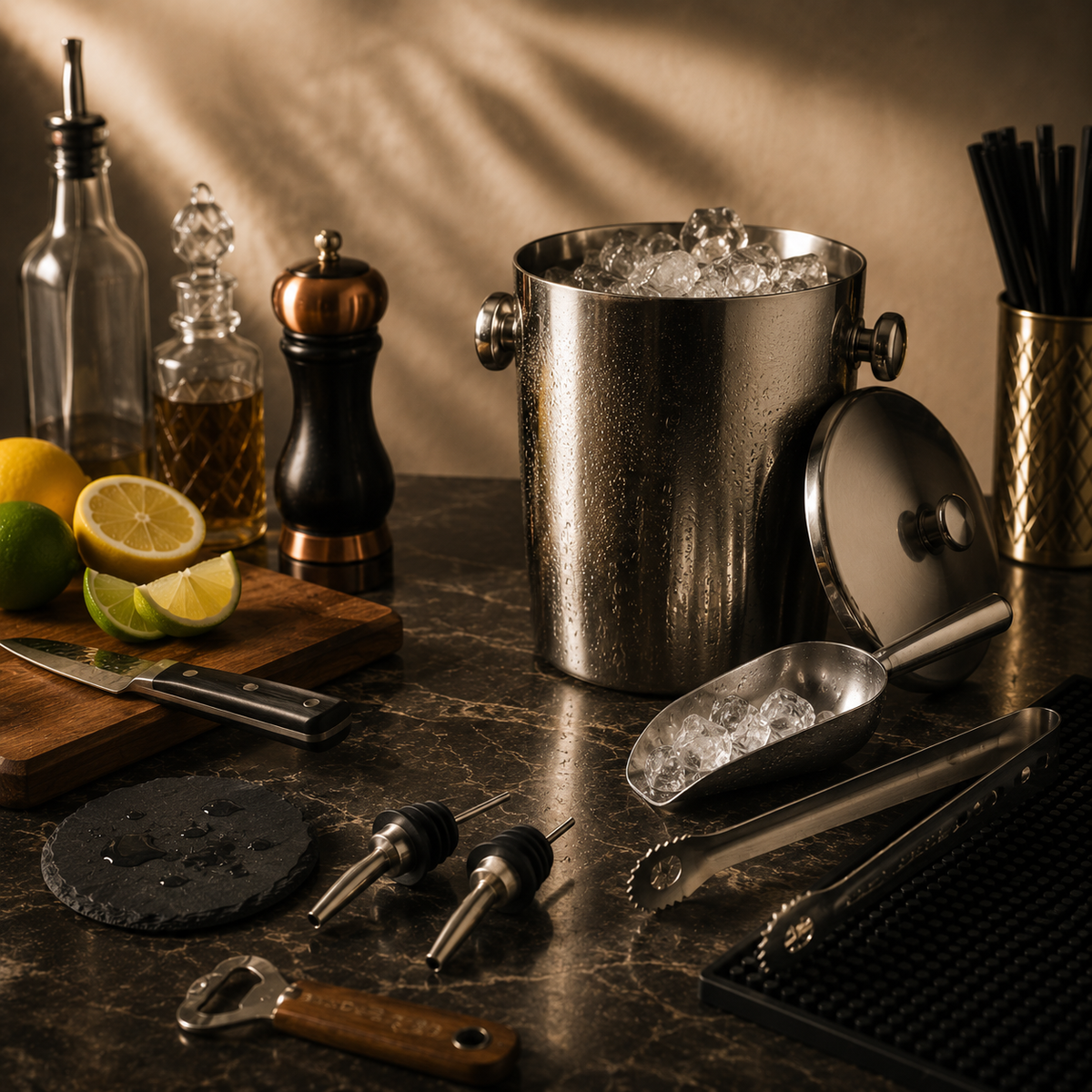 Accessoires de bar : seau à glace, tapis et outils de comptoir