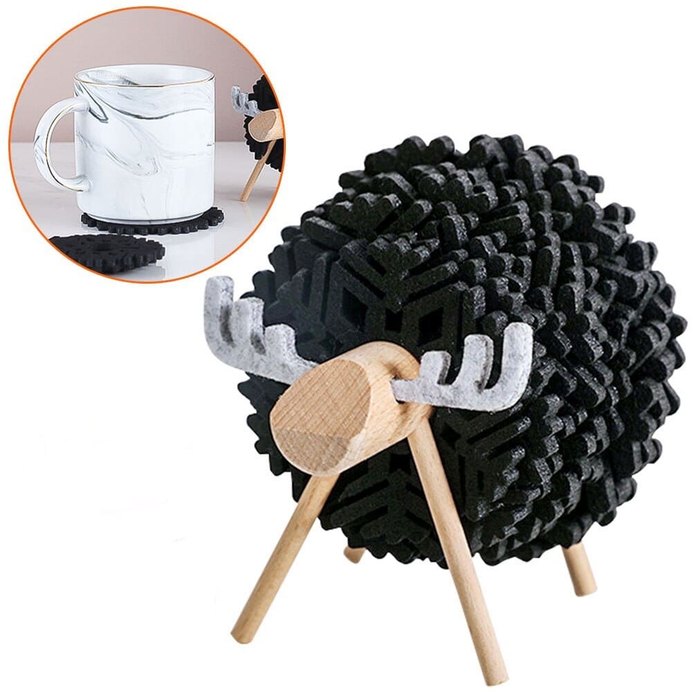 Dessous de Verre Noël noir, flocons de feutre empilés sur support renne en bois, mug marbré en insert