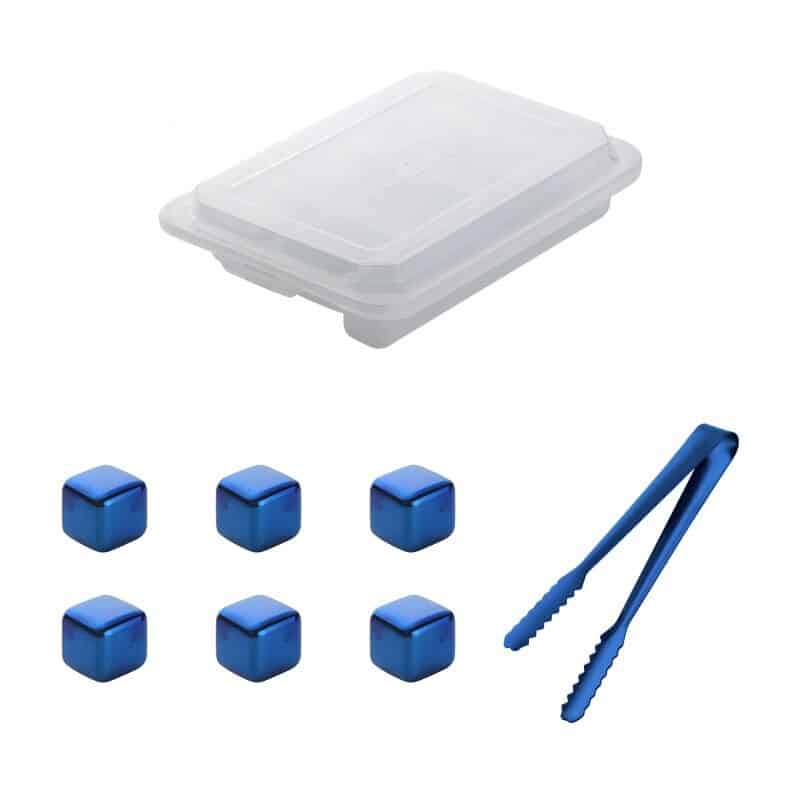 Six glaçons pierre whisky en cubes métal bleus avec pince assortie bleue et boîte de rangement transparente