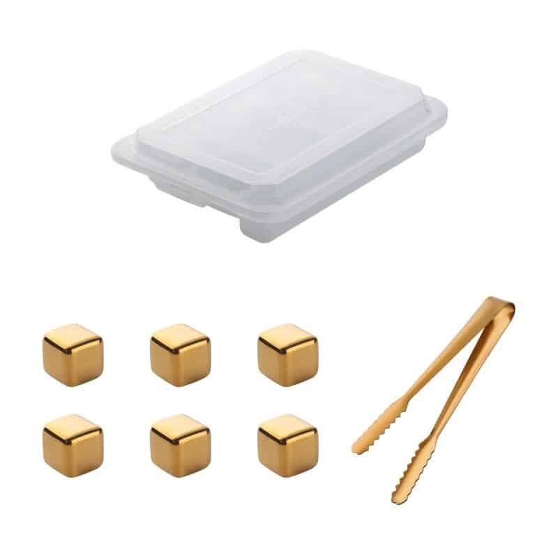 Six glaçons pierre whisky en cubes métal dorés avec pince assortie et boîte de rangement transparente