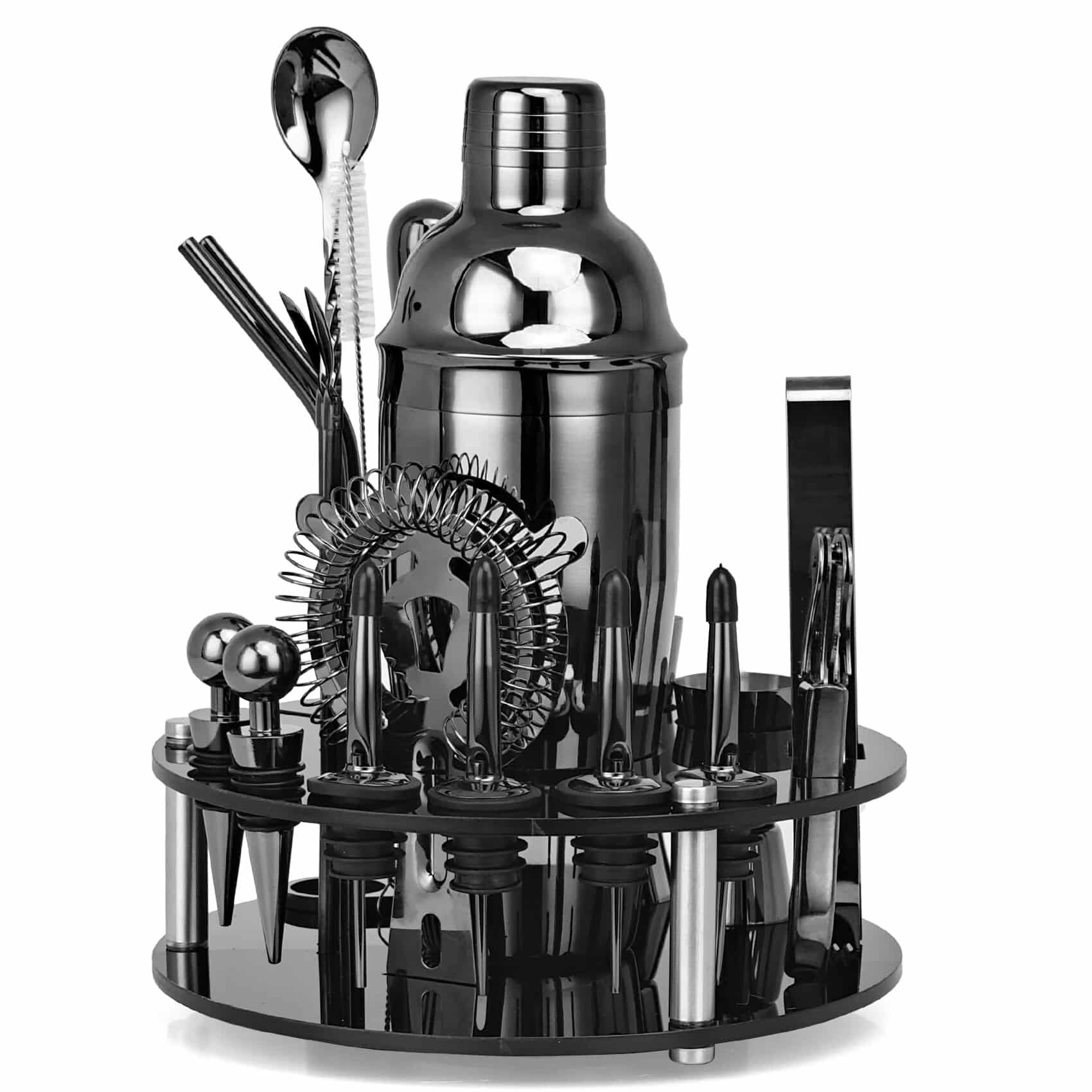 Kit cocktail noir avec shaker continental trois pièces et ses accessoires alignés sur le support acrylique