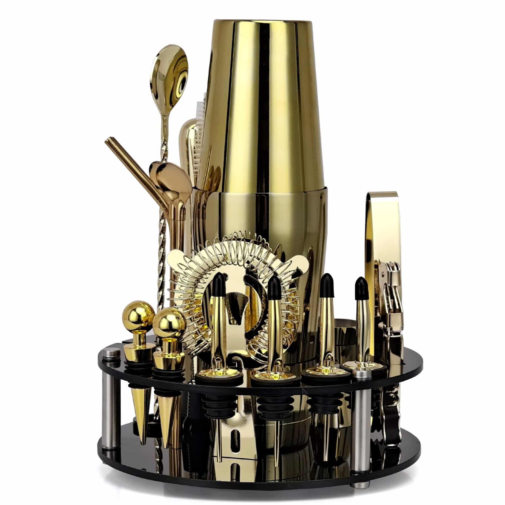 Kit cocktail or avec shaker Boston doré, passoire, cuillère torsadée et becs verseurs sur support acrylique noir