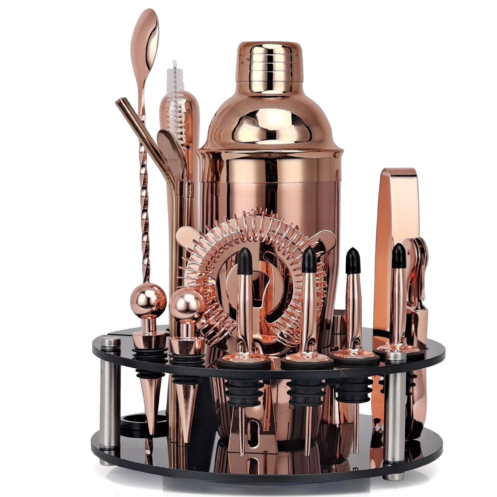 Kit cocktail rose gold avec shaker continental cuivré et ses accessoires sur le support acrylique noir