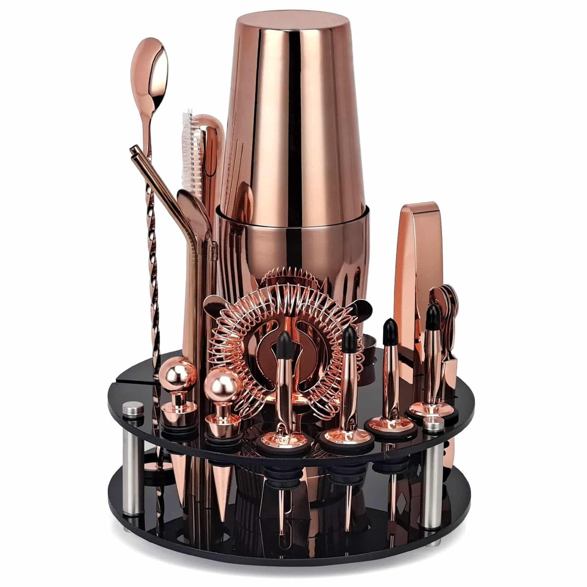Kit cocktail rose gold avec shaker Boston cuivré, passoire et becs verseurs sur support acrylique noir
