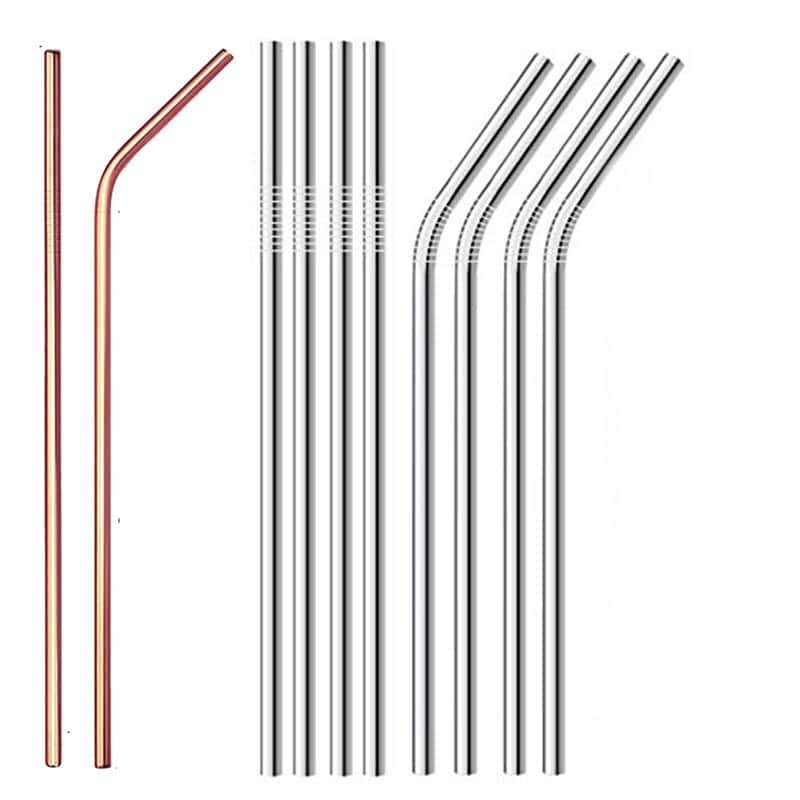 Kit paille inox 100 pièces : pailles droites et courbées en argent et rose gold alignées sur fond blanc