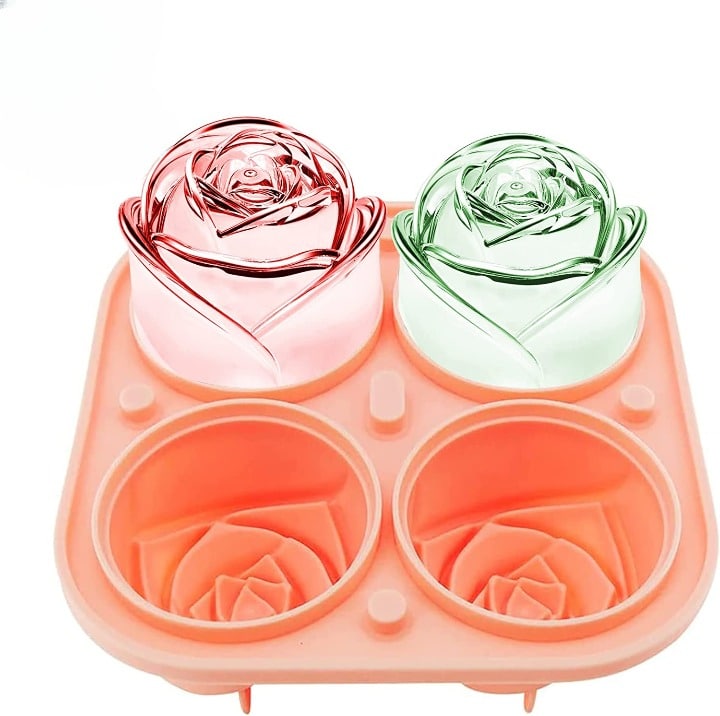 Moule à Glaçons Rose en silicone à deux cavités fleur, avec deux glaçons en forme de rose rose et vert