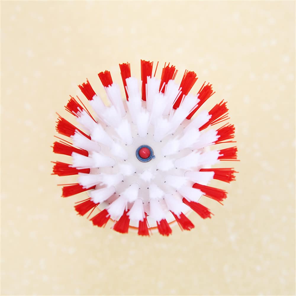 Tête de la Mini Brosse de Nettoyage vue de dessus, poils rouge et blanc disposés en éventail