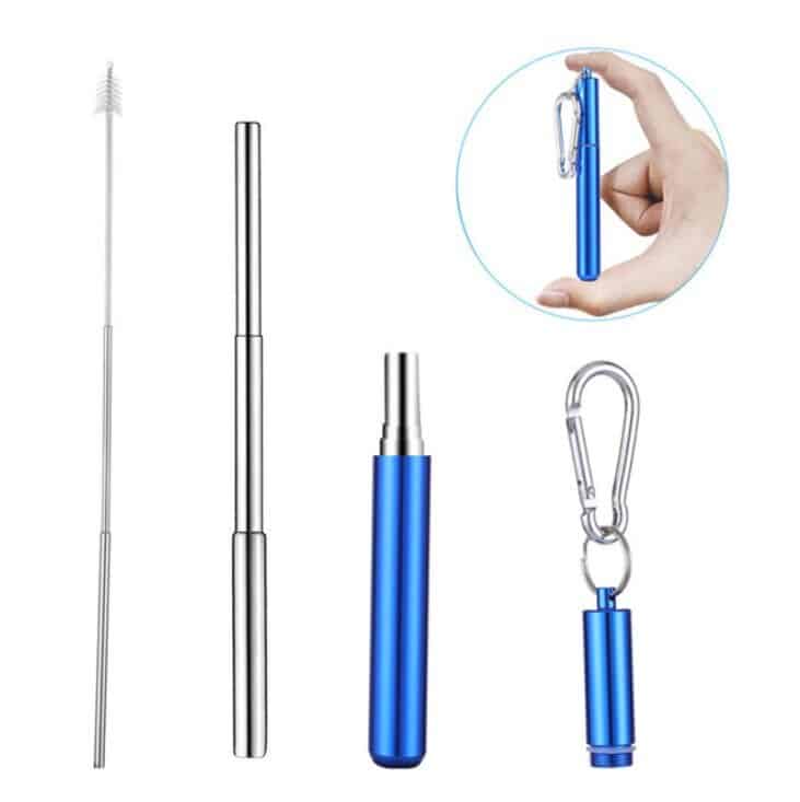 Kit paille inox rétractable bleu avec goupillon, paille télescopique déployée et étui à mousqueton