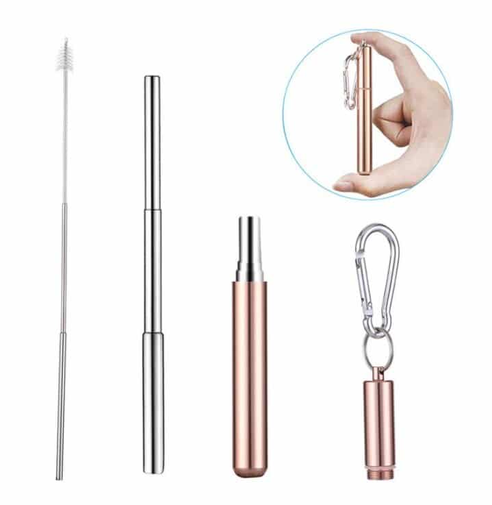 Kit paille inox rétractable rose gold avec goupillon, paille télescopique déployée et étui à mousqueton