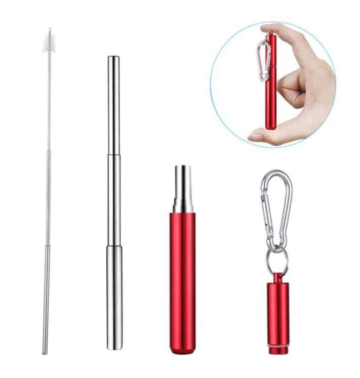 Kit paille inox rétractable rouge avec goupillon, paille télescopique déployée et étui à mousqueton