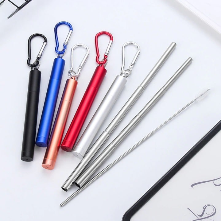 Pailles inox rétractables avec étuis à mousqueton noir, bleu, rose gold, rouge et argent et goupillon