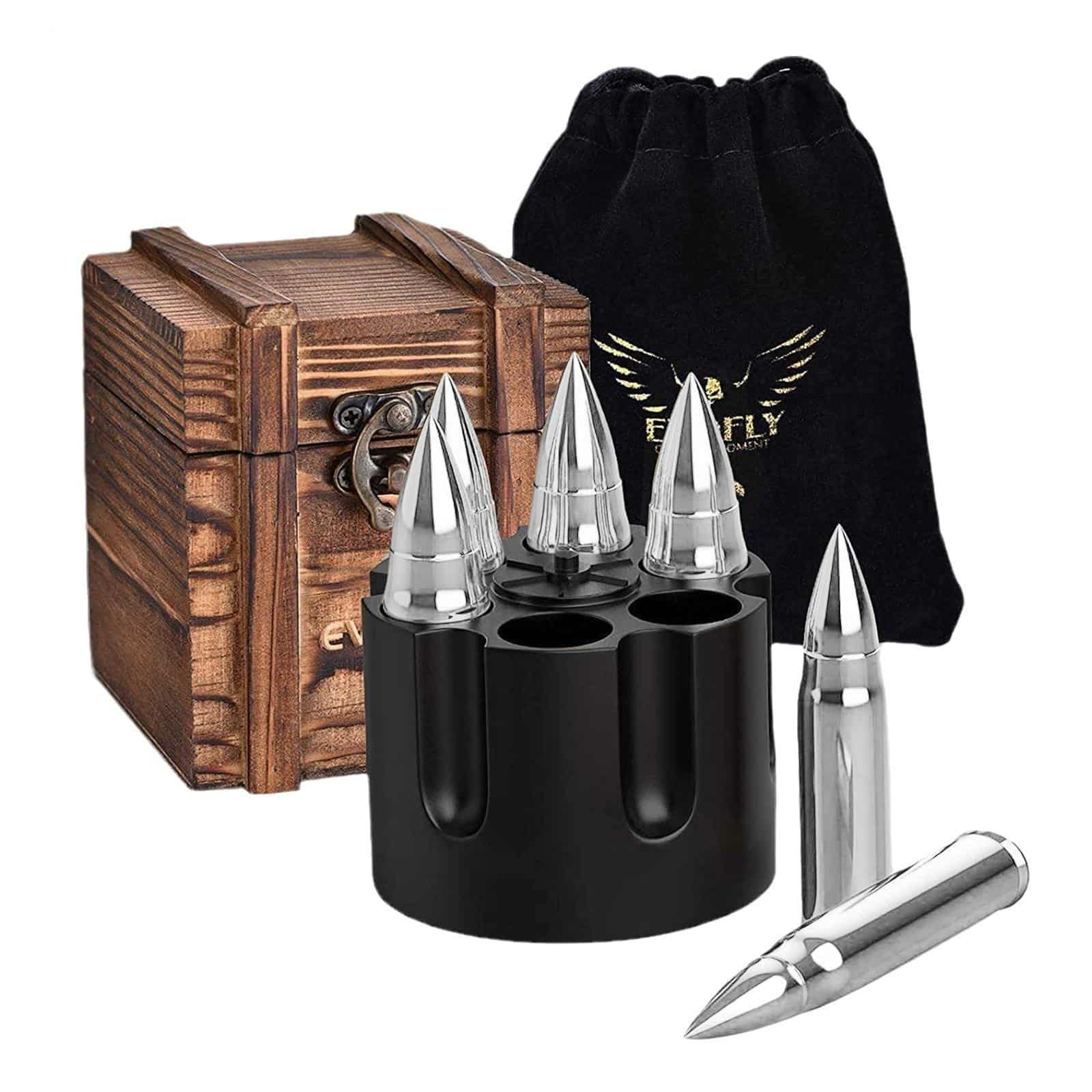 Coffret bois pierre à whisky balle avec trois munitions argentées sur socle noir et pochon velours