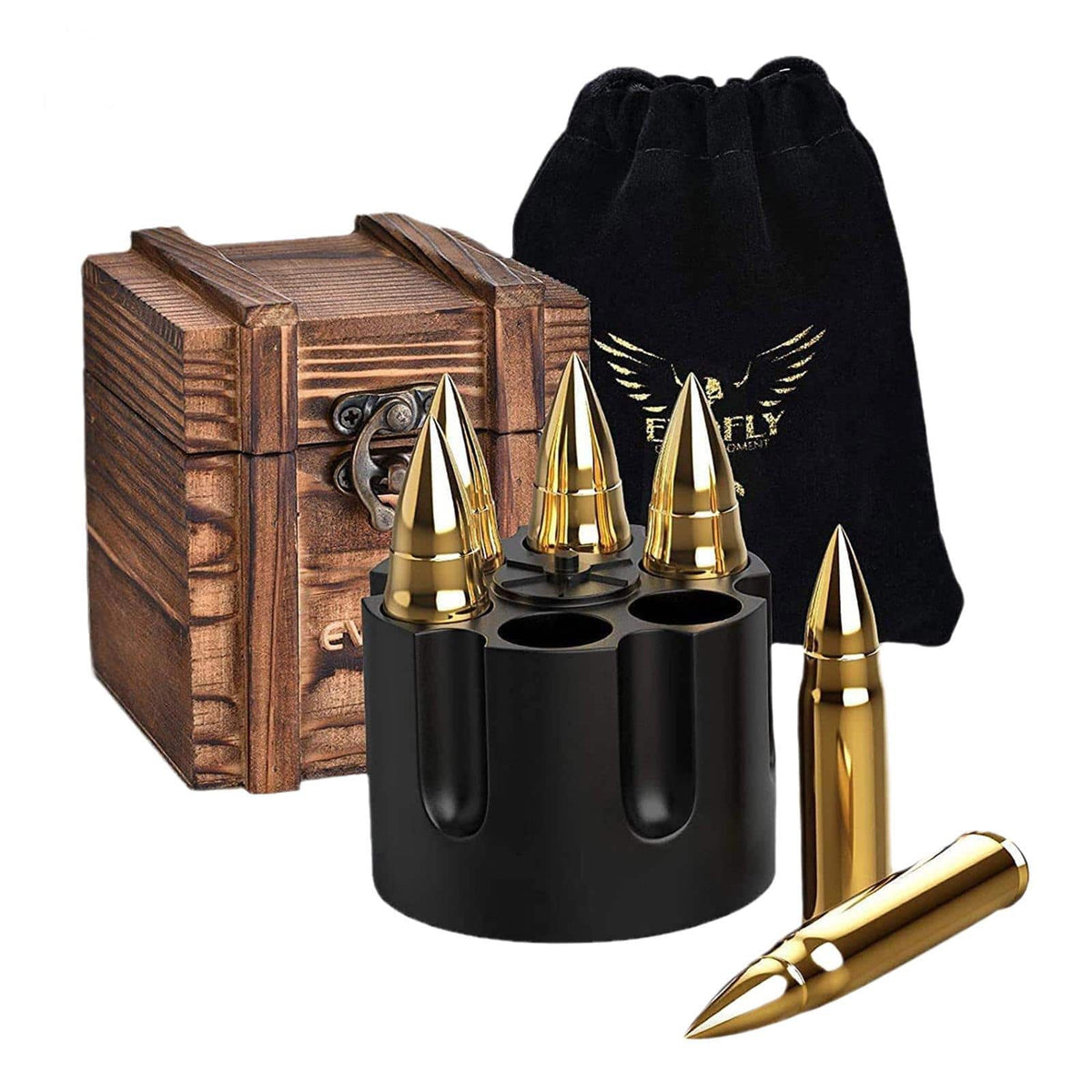 Coffret bois pierre à whisky balle avec trois munitions dorées sur socle noir et pochon velours