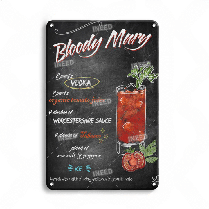 Plaque déco Bloody Mary, ardoise noire, highball rouge tomate, céleri et recette manuscrite à la craie