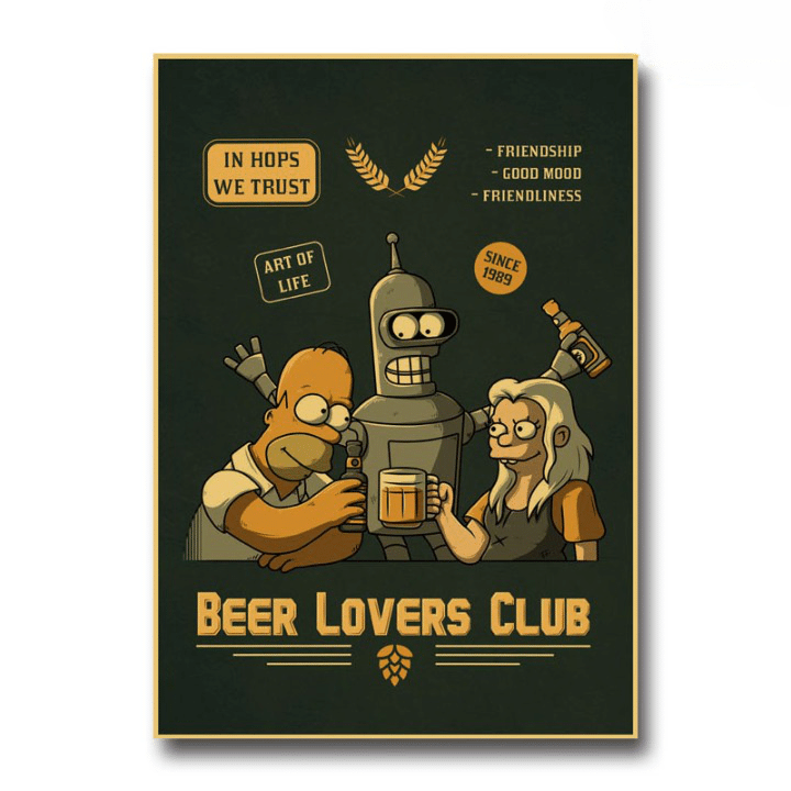 Poster Déco Kraft Beer Lovers vert foncé, trois personnages de dessin animé trinquant, texte Beer Lovers Club