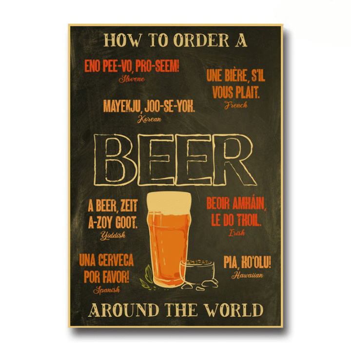 Poster Kraft How To Order a Beer, grand mot Beer et verre ambré, la commande de bière en sept langues