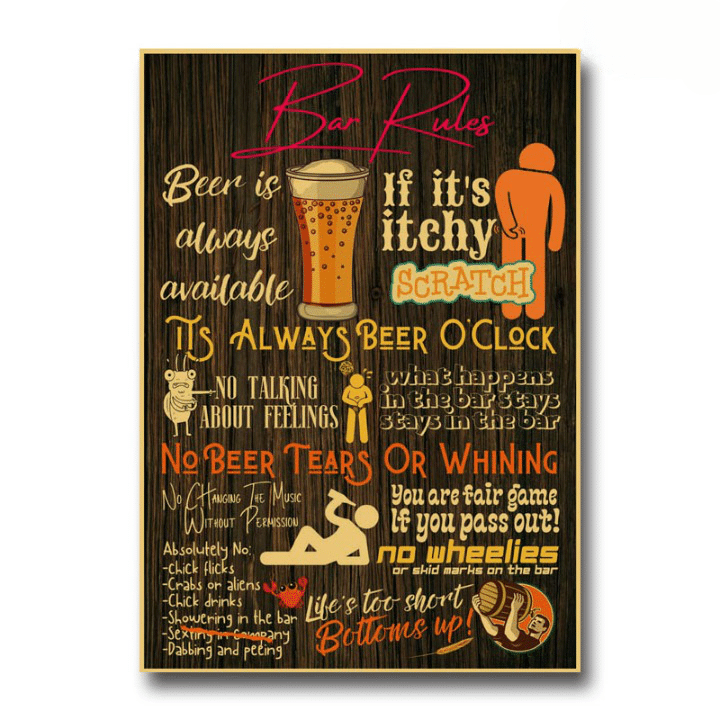 Poster en Kraft Règles de Bar sur fond bois, verre de bière et règles humoristiques en lettres colorées