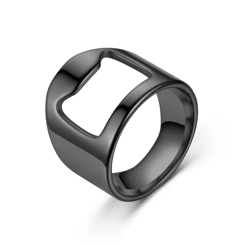 Bague Décapsuleur noire en acier inoxydable à encoche décapsuleur, présentée seule sur fond blanc