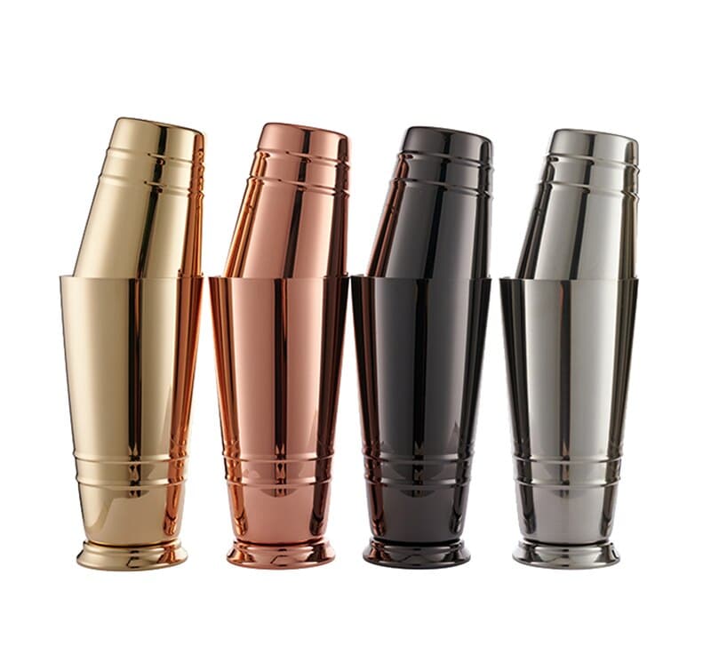 Shaker Cocktail Bar Boston à deux gobelets emboîtés en or, rose gold, noir et argent, finition brillante