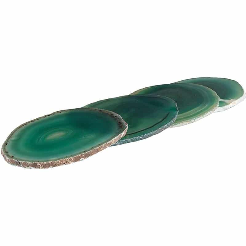 Dessous de Verre en Pierre, quatre tranches d'agate verte alignées montrant l'épaisseur et le bord brut