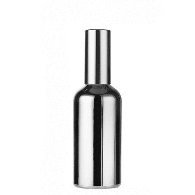 Spray pulvérisateur culinaire design en verre finition argent brillante à pompe sur fond blanc