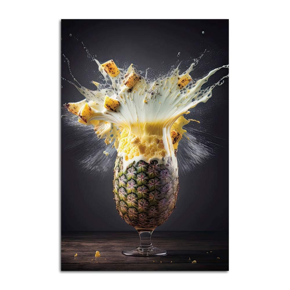 Tableau Cocktail Ananas Explosif, ananas sur pied de verre explosant en éclaboussures et morceaux, fond gris