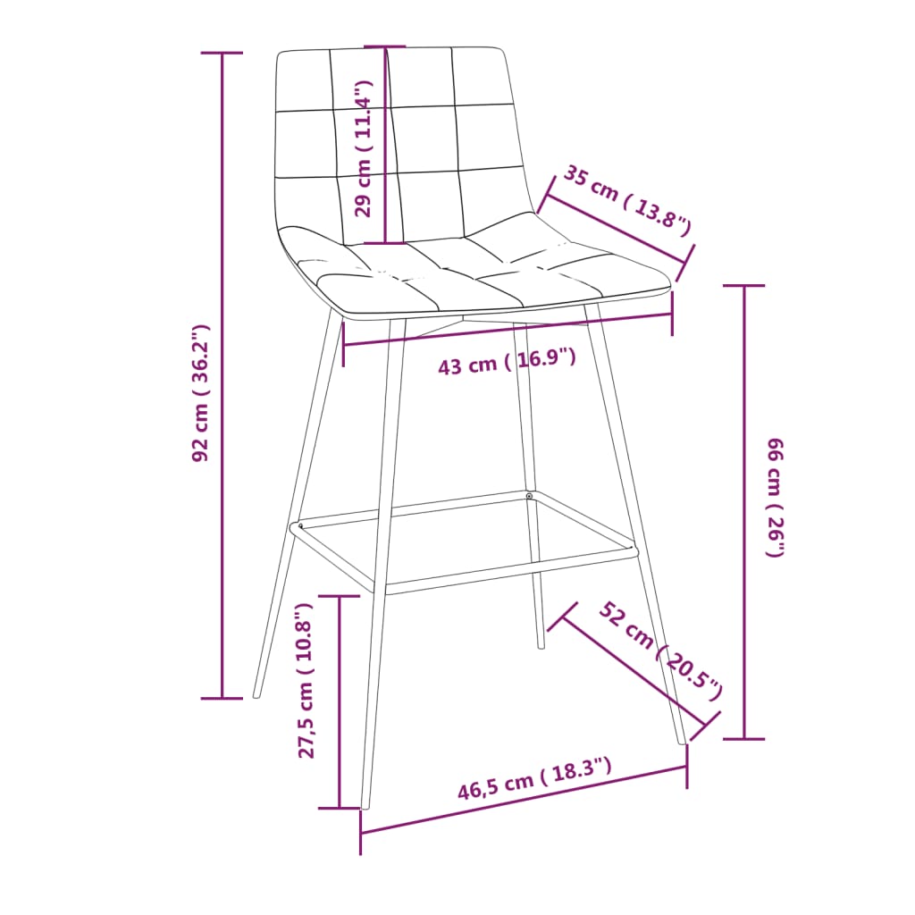 Schéma coté du tabouret de bar moderne : assise 43 x 35 cm à 66 cm du sol, hauteur totale 92 cm