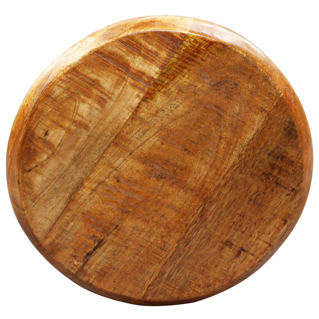 Assise ronde du tabouret de bar vue de dessus, veines et nuances du bois massif bien visibles