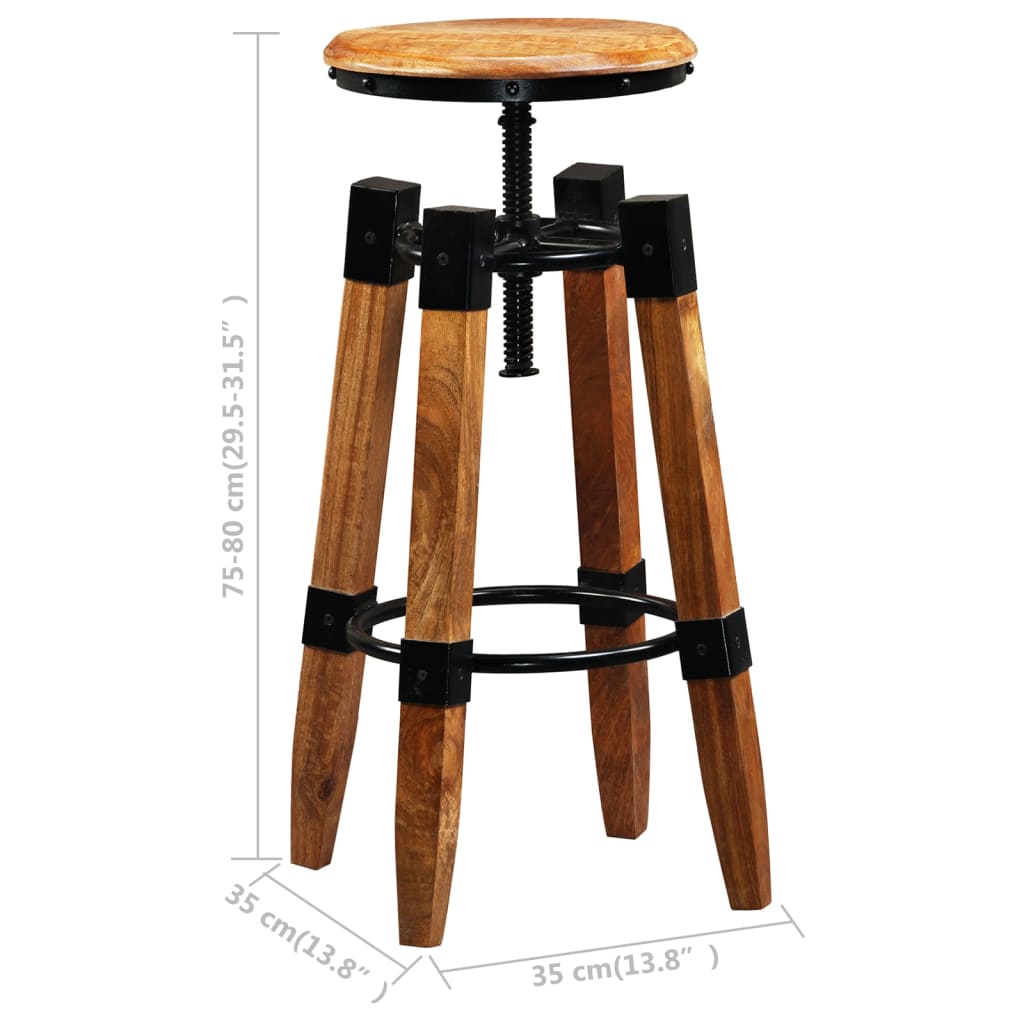 Schéma coté du tabouret de bar en bois massif : 35 x 35 cm et hauteur réglable de 75 à 80 cm