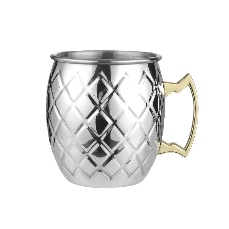 Verre Moscow Mule Design en finition grise à losanges gravés et anse dorée, présenté sur fond blanc