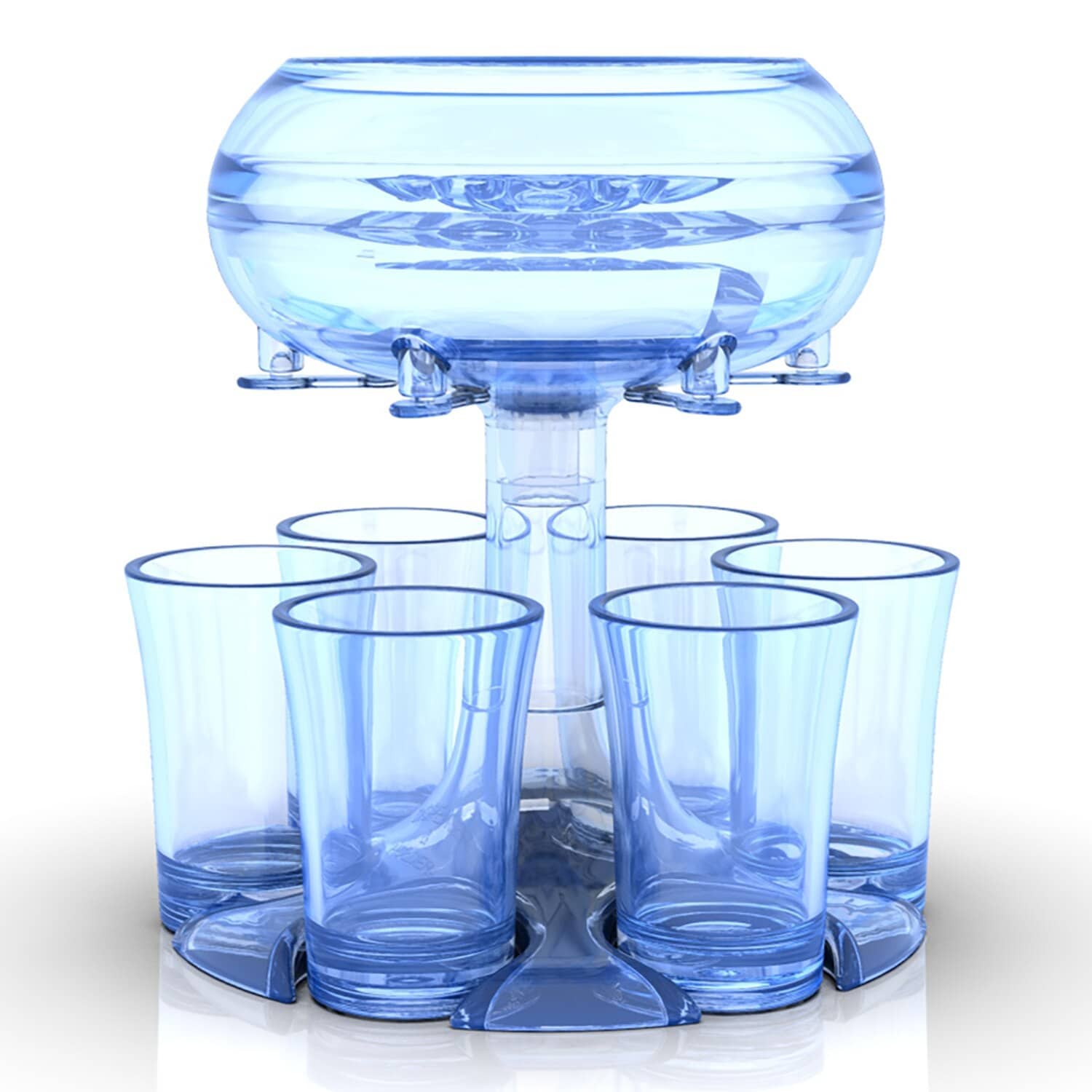 Verre Shooter Original bleu, distributeur sur pied avec ses 6 verres shooters assortis, fond blanc