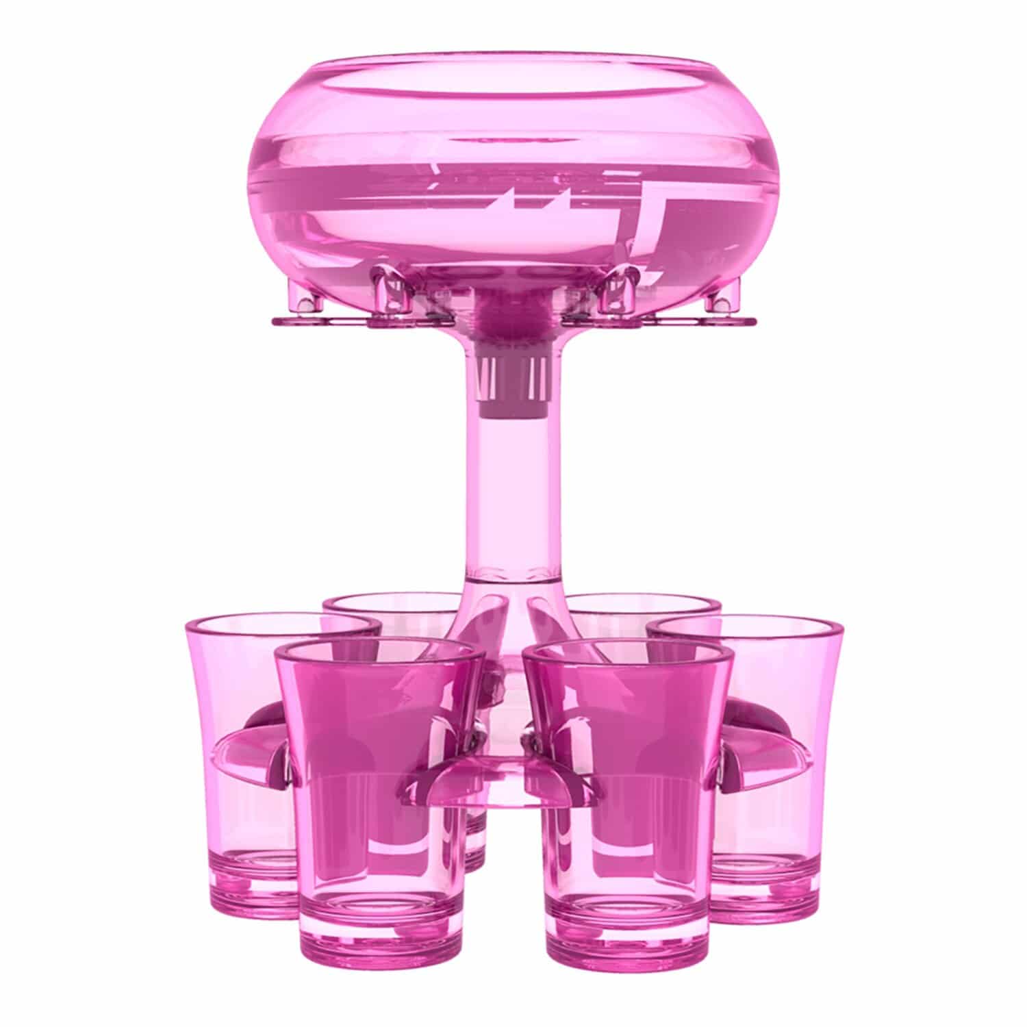 Verre Shooter Original rose, distributeur sur pied avec ses 6 verres shooters assortis, fond blanc