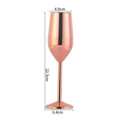 Schéma coté du verre à champagne original rose gold : hauteur 22,3 cm, ouverture 4,9 cm, base 6,4 cm